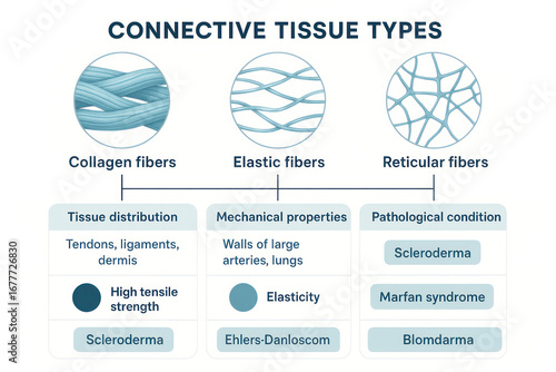 Connective Tissue Types Illustration: Collagen, Elastic, and Reticular Fibers, with Tissue Distribution, Properties, and Pathological Conditions Illustration