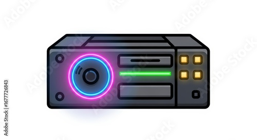Retro Electronic Device with Glowing Neon Lights on White Background