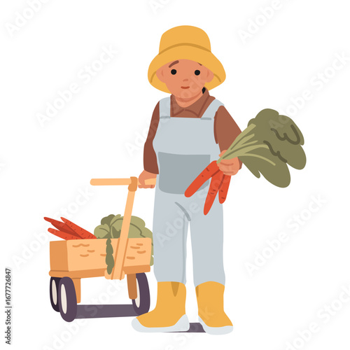 Cute preschool boy child cartoon character carrying carrot in wheeled cart isolated on white
