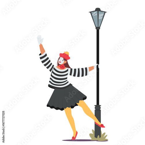 Pretty woman mime actress character dancing around street lamp performing isolated on white