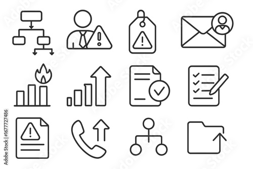 Escalation Procedure Icons. Line style icons of escalation procedures: escalation flowchart, manager alert icon, urgent case tag,