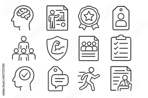 Founder Readiness Icons. Line style icons of founder readiness: founder mindset icon, pitch rehearsal file, confidence level badge