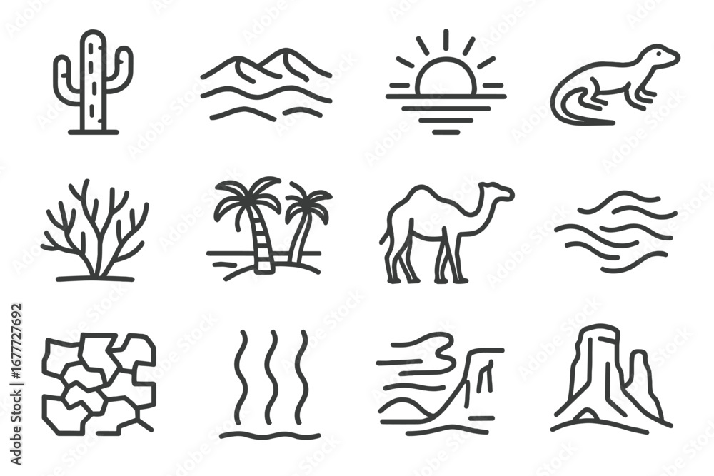 Fototapeta premium Desert Landscape Icons. Line style icons of desert landscape: cactus icon, sand dunes, sun over horizon, desert lizard, dry bush,