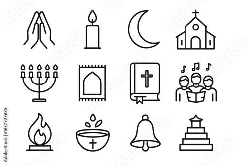 Religious Holiday Icons. Line style icons of religious holidays: prayer hands, candlelight icon, crescent moon, church icon,