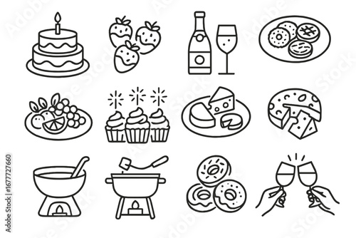 Celebration Feast Icons. Line style icons of celebration food and drinks: layered cake, chocolate strawberries, champagne bottle,
