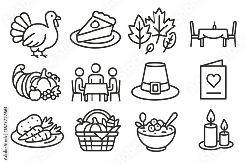 Thanksgiving Icons Collection. Line style icons of Thanksgiving Day: turkey icon, pumpkin pie, autumn leaves, dinner table,