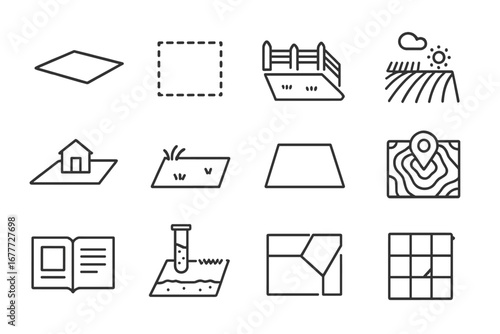 Land and Plots Icons. Line style icons of land and plots: empty land icon, plot boundary, fencing icon, farmland, real estate lot,