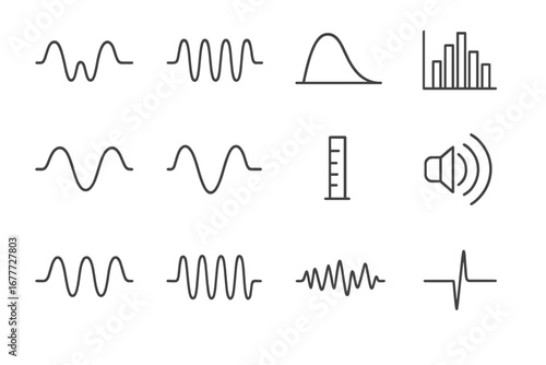 Sound Wave Icons. Line style icons of sound waves and frequencies: low frequency wave, high frequency icon, amplitude curve,
