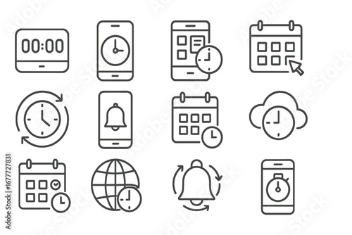 Digital Timekeeping Icons. Line style icons of digital timekeeping: smart timer, mobile clock, app schedule, online agenda, time