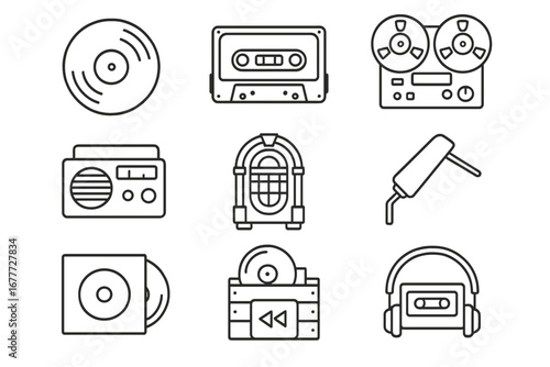 Retro Audio Icons. Line style icons of vinyl and retro audio: vinyl record, cassette tape, reel-to-reel, retro player, jukebox