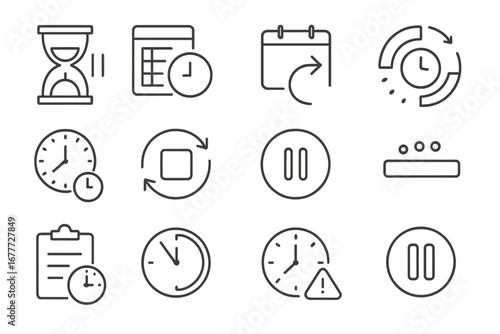 Line Style Waiting Icons. Line style icons of icons for waiting and delay: hourglass pause, delayed schedule, postponed calendar,