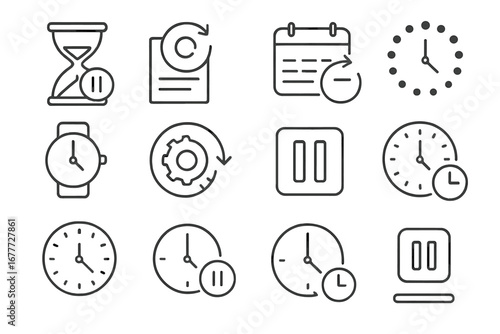 Line Style Waiting Icons. Line style icons of icons for waiting and delay: hourglass pause, delayed schedule, postponed calendar,