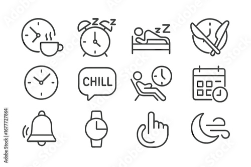 Rest and Break Icons. Line style icons of rest and break time: coffee break clock, sleep timer, short nap icon, lunch break clock,
