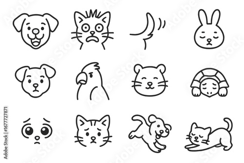 Pet Emotions Icons. Line style icons of pet emotions: happy dog face, scared cat, excited wagging tail, sleepy bunny, curious