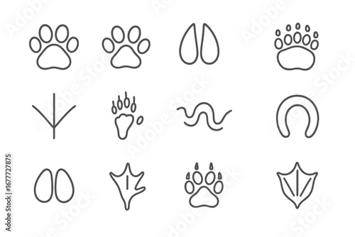 Animal Footprint Icons. Line style icons of animal tracks and signs: dog paw print, cat footprint, deer hoof, bear track, bird