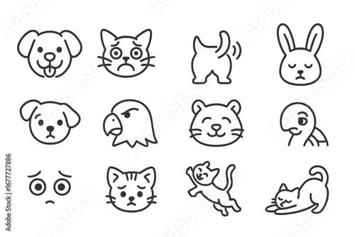 Pet Emotions Icons. Line style icons of pet emotions: happy dog face, scared cat, excited wagging tail, sleepy bunny, curious