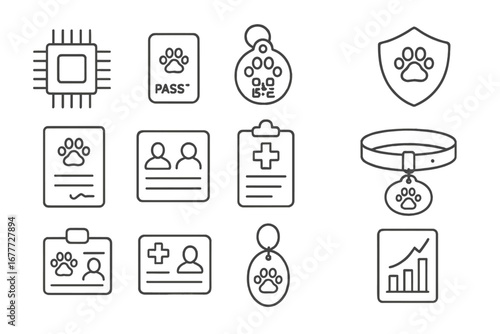 Pet Identification Icons. Line style icons of pet insurance and ID: microchip icon, pet passport, tag with QR code, insurance