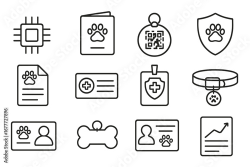 Pet Identification Icons. Line style icons of pet insurance and ID: microchip icon, pet passport, tag with QR code, insurance