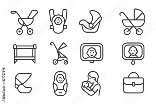 Baby Transport Icons. Line style icons of baby transport: stroller icon, baby carrier, car seat, pram icon, travel crib, foldable