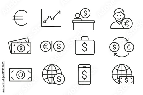 Currency Exchange Icons. Line style icons of foreign currency and exchange: currency symbol, exchange rate chart, forex counter,