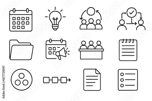 Content Planning Icons. Line style icons of content planning: monthly calendar, content idea bulb, team brainstorm icon, approval