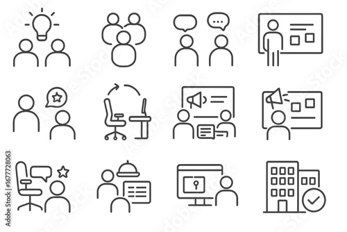 Open Office Icons. Line style icons of open office culture: idea sharing icon, informal huddle, cross-team chat, knowledge board,