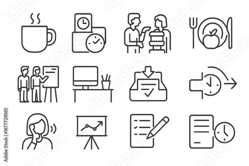 Office Routine Icons. Line style icons of office routine activities: morning coffee, clock-in icon, water cooler chat, lunch break