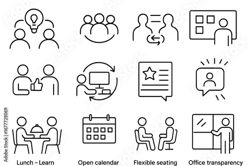 Open Office Icons. Line style icons of open office culture: idea sharing icon, informal huddle, cross-team chat, knowledge board,