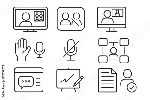 Virtual Classroom Icons. Line style icons of virtual classrooms: live class screen, video call icon, screen share icon, raise hand