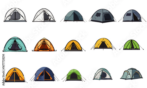 This extensive collection features various modern camping tents, ideal for outdoor adventures, wilderness exploration, and recreational activities.