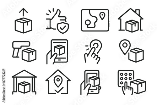 Last Mile Deliveries. Line style icons of last mile logistics: drop-off icon, delivery confirmation, delivery route map,