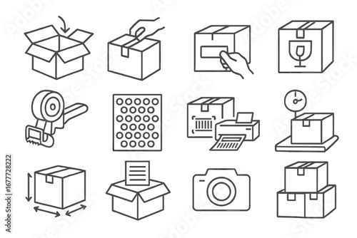 Packaging Process Icons. Line style icons of packaging process: box assembly icon, seal package, label placement, fragile sticker,