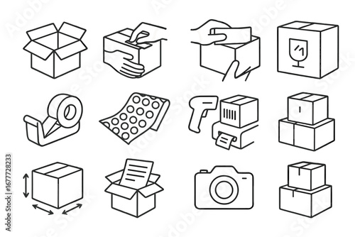 Packaging Process Icons. Line style icons of packaging process: box assembly icon, seal package, label placement, fragile sticker,