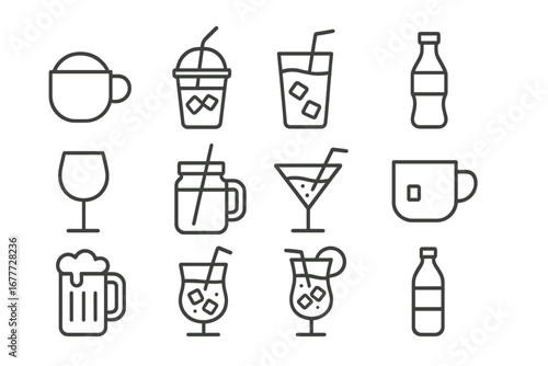 Beverage Icons Collection. Line style icons of drink menu items: cappuccino mug, cold brew cup, fresh juice glass, soda bottle,