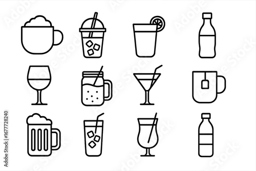 Beverage Icons Collection. Line style icons of drink menu items: cappuccino mug, cold brew cup, fresh juice glass, soda bottle,
