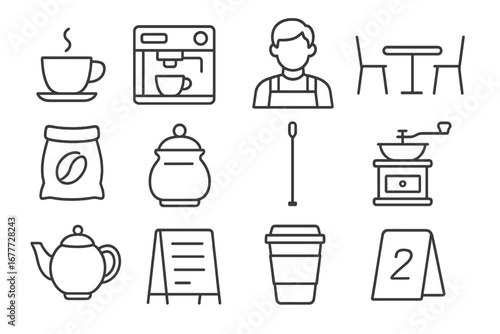 Cafe Icons Collection. Line style icons of café essentials: coffee cup icon, espresso machine, barista icon, café table, coffee