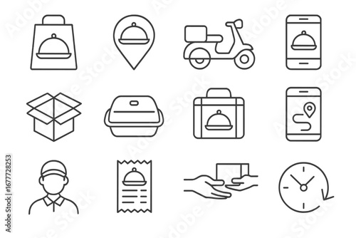 Food Delivery Icons. Line style icons of food delivery from restaurants: takeout bag, food delivery icon, delivery scooter, app