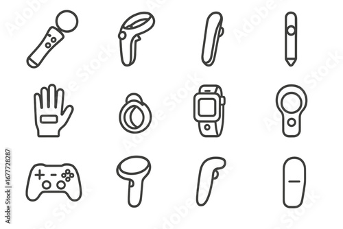 Line Style VR Controllers. Line style icons of AR/VR controllers: motion controller, handheld joystick, haptic glove,