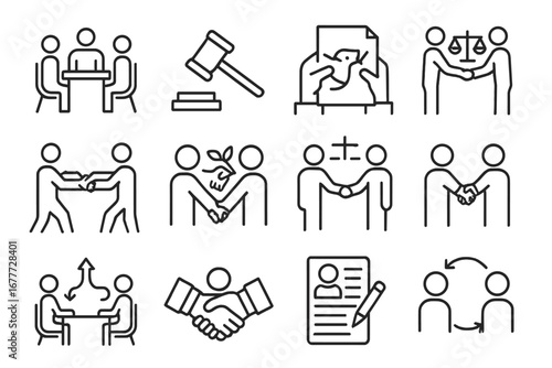 Dispute Resolution Icons. Line style icons of dispute resolution: mediation table icon, arbitration gavel, negotiation agreement,