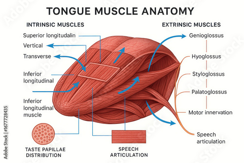 Tongue Muscle Anatomy Diagram: Intrinsic & Extrinsic Muscles, Illustration