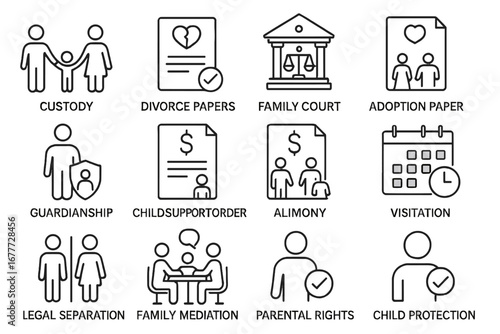 Family Law Icons. Line style icons of family law: custody icon, divorce papers, family court icon, adoption papers, guardianship