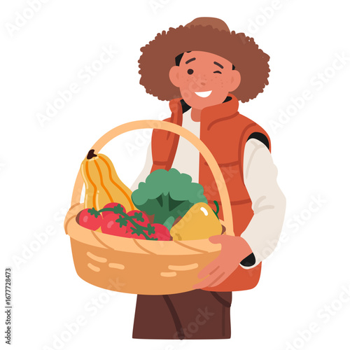 Cute happy boy cartoon child character winking eye feeling satisfied of autumn harvest abundance