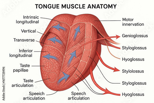 Tongue Muscle Anatomy: Illustrated Guide to Intrinsic and Extrinsic Muscles, Illustration