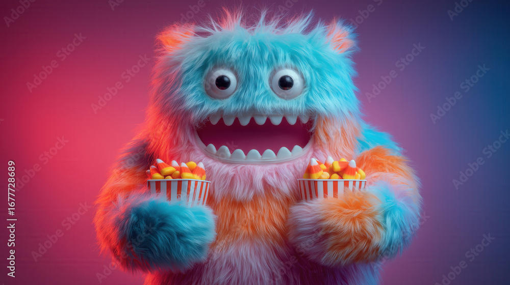 Obraz premium A cute, fluffy monster with blue and orange fur holds two cups of colorful candy. The background features vibrant lighting, creating a festive Halloween atmosphere.