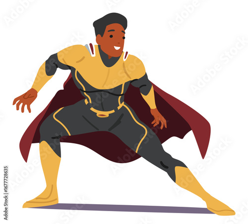 Brave man superhero cartoon character in defending pose showcasing readiness for fight action