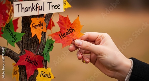 Hand holding vibrant autumn leaf inscribed with 'Health' on a thankful tree