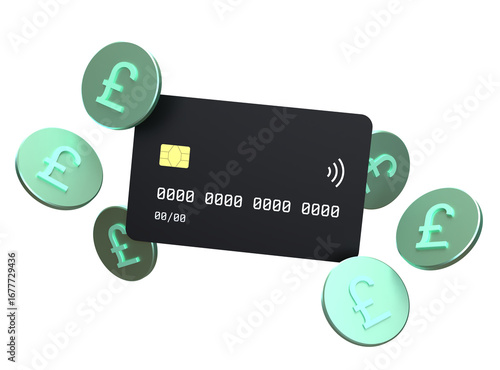 Dark 3D credit card with green pound sterling coins. Symbol of UK banking, global transactions, e-commerce, shopping, and modern financial technology.