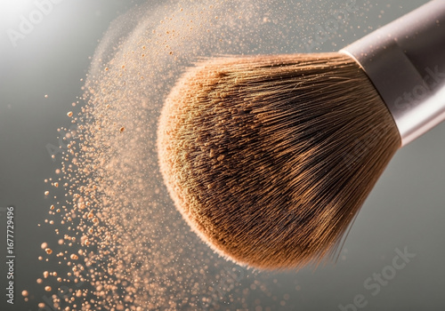 Close-up of a Makeup Brush with Powder Flying in the Air