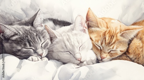 Three adorable cats, a gray, a white, and an orange one, are peacefully sleeping together on a soft white blanket.