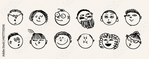 Emoji chalk doodle sketch faces drawn with crayon texture in black line style. Chalk emoji face icons with simple smiles and expressions. Great for kids art, posters, stickers, playful design